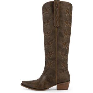Women's Coffee Brown Western Knee High Cowgirl Boots Pointed Toe Chunky Heel